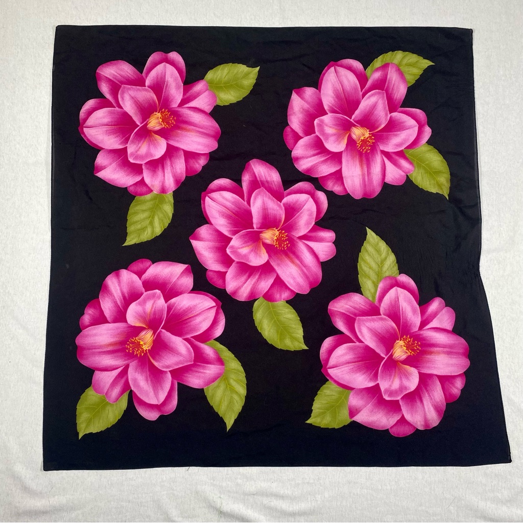 Vtg Floral Print Square Scarf Flower Black Pink Green 30x30in